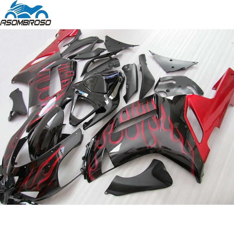 

Red Flames Black Motorcycle parts for Kawasaki Ninja ZX6R fairing kit 2007 2008 plastic racing fairing set zx6r 08 08 GF19