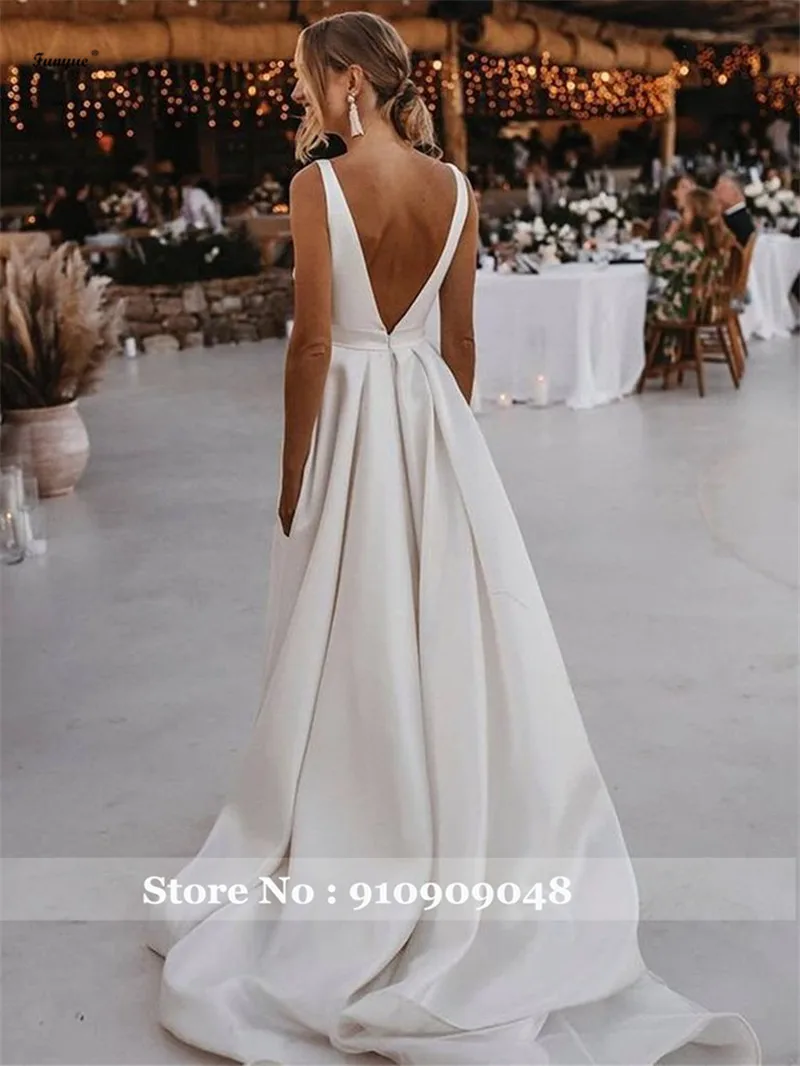 Vestido De Noiva Simples Sexy scollo a V abiti da sposa bianchi per la sposa a-line alta fessura in raso aperto indietro abiti da sposa 2022