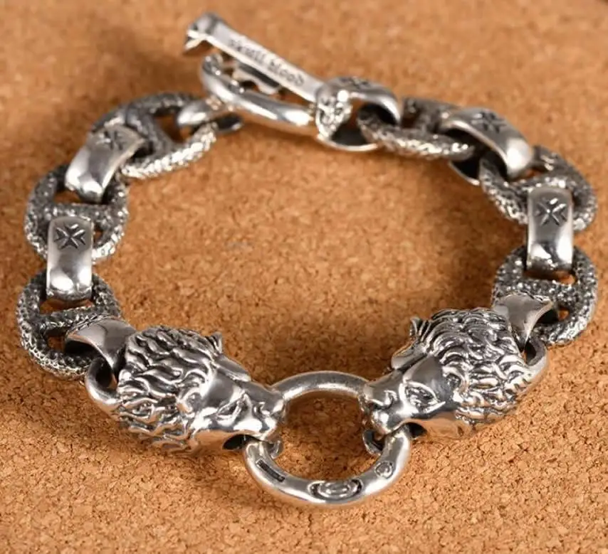 New Arrival S925 Silver Bracelet Men's lion Head Bracelet Heavy Gold 52g