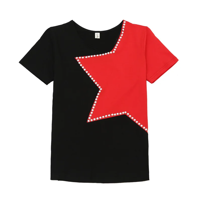 Camiseta de retazos con remaches de diamantes de estrellas de Color, Camiseta de cuello redondo para Mujer, ropa superior, Camiseta para Mujer 2020