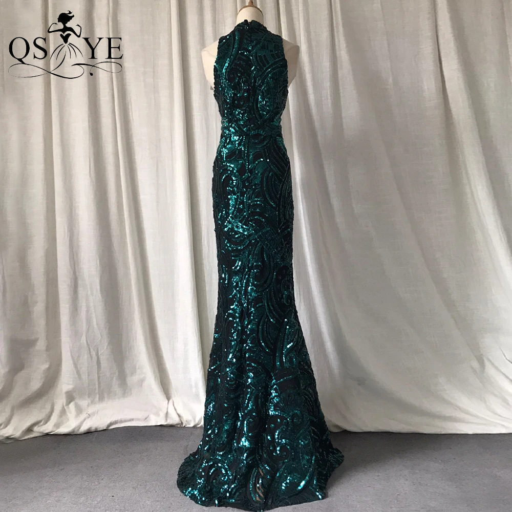 Green Evening Dress Halter KeyholeNeck Mermaid Long Evening Gown Elegant Glitter Sequin Pattern Formal Party Women Emerald Dress