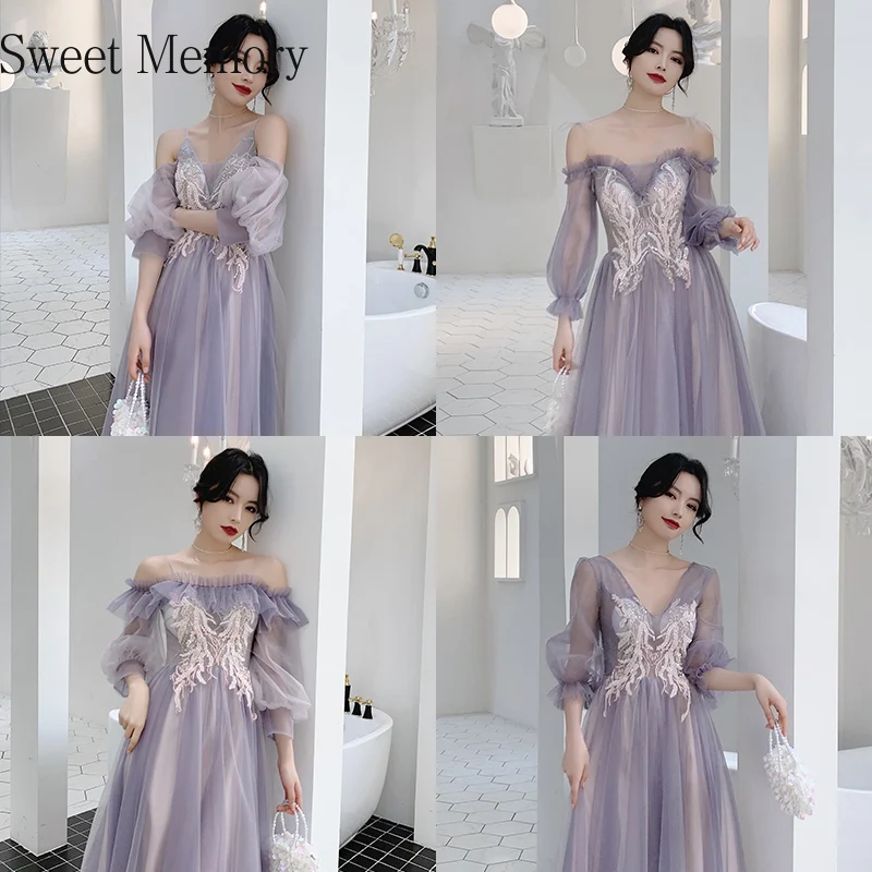 Tule Paars Bruidsmeisje Jurken Vrouwen Formele Jurk Drie Quater Lange Mouw Plus Size Robe Soiree Girl Prom Trouwfeestjurk