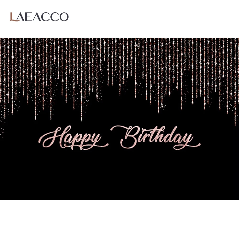 Laeacco Black Backdrop For Photography Pink Shiny Tassels Happy Birthday Party Customized Poster Photo Background Photostudio