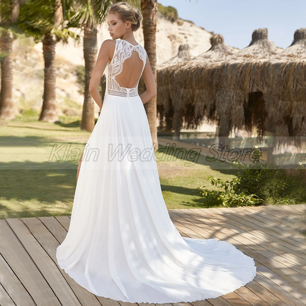 Customized Elegant Chiffon Sleeveless Side Slit Beach Wedding Dress 2023 Lace Appliques Backless Bridal Gown With Sweep Train Ve