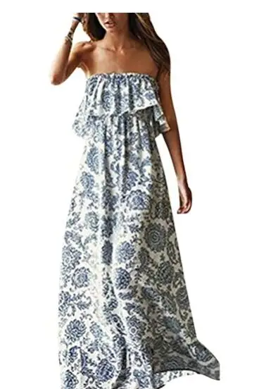 

Beach Boho Dress Long Off Shoulder Floral Print Floor Length Women Summer Blue And White Porcelain Strapless Maxi Long Dress