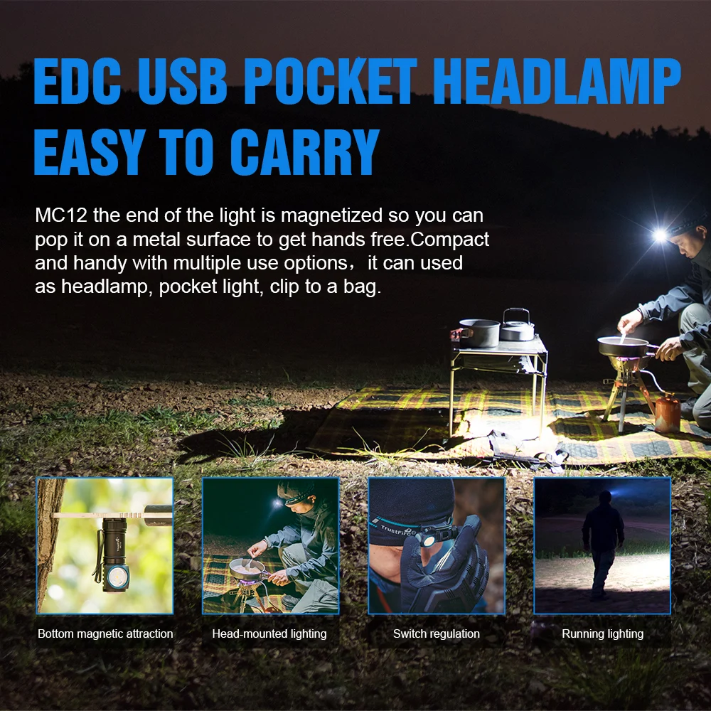 TrustFire MC12 EDC Powerful LED Flashlight 1000Lumens Magnetic Rechargeable Head Lamp XP-L HI Camping Torch Flash Light