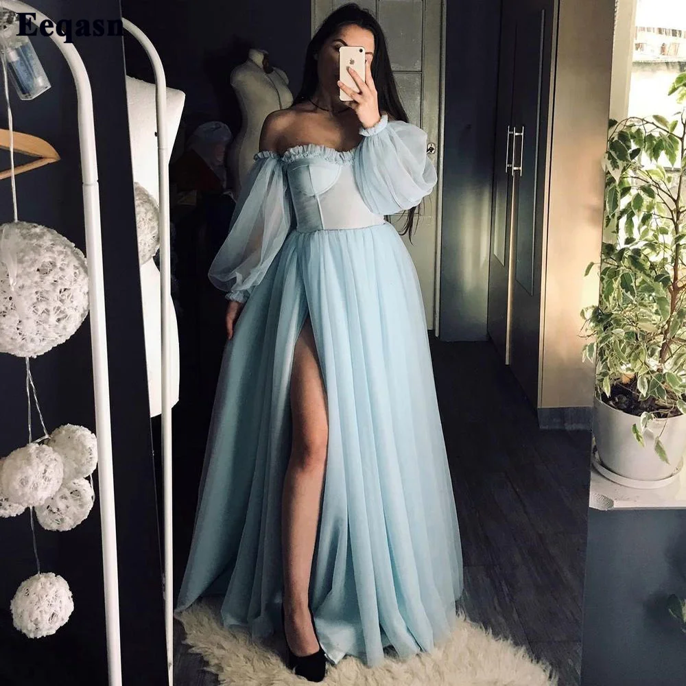 

Eeqasn Sky Blue Long Puff Sleeves Prom Dresses Off The Shoulder Ruffles Tulle Formal Evening Gowns Princess Women Party Dress