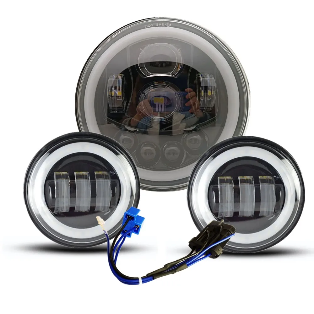 

60W Angel Eyes 7inch LED Headlight + White Halo 4.5inch Fog Lights For Motorcycle Touring Electra Glide Road King Street Glide