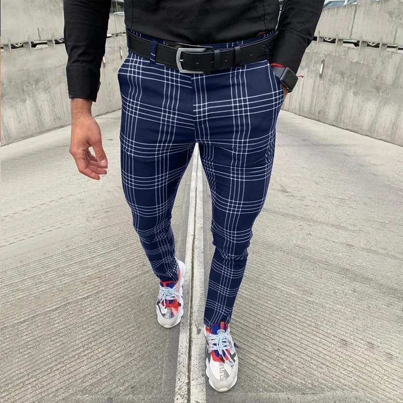 Summer Men\'s Casual Pants Plaid  Social Stretch Trousers Mid Waist Skinny Business Office Working  Party Male Suit Pants  Autumn