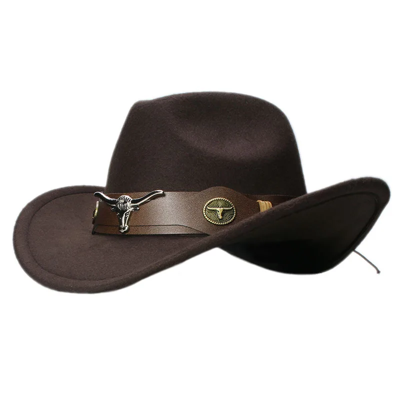 Bull Ox Head Leather Band Vintage Women Men /Kid Child Wool Wide Brim Cowboy Western Hat Cowgirl Bowler Cap  (61cm/57cm/54cm)