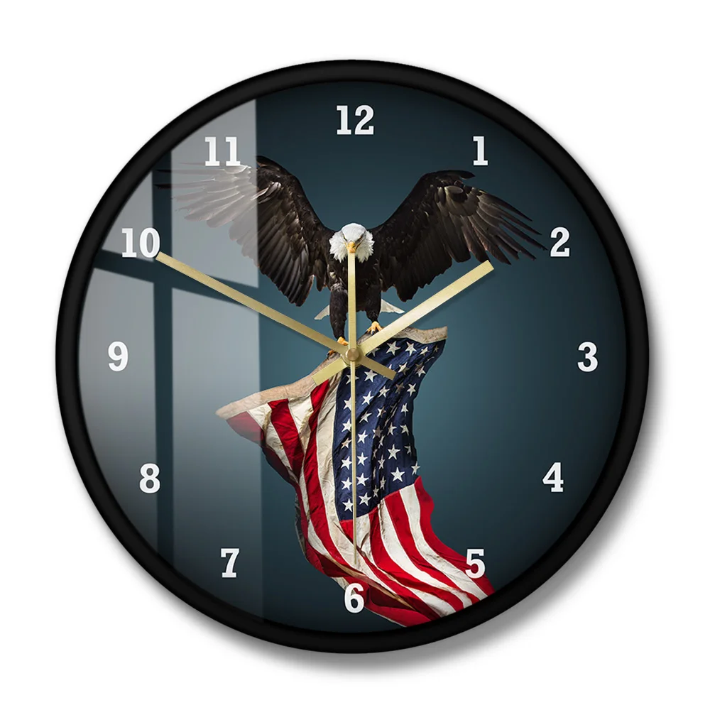 Classic North Bald Eagles Star and Striped US American Flag Decorative Modern Silent Wall Clock Veterans Day Patriotic Gift Idea