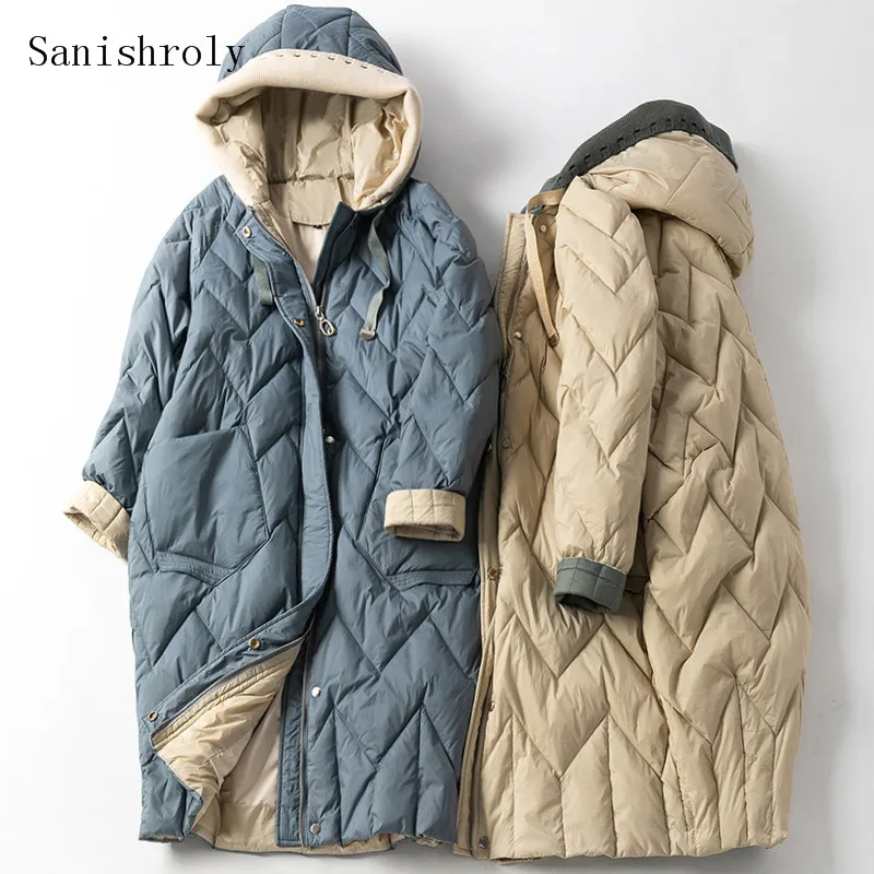 Sanishroly 2020 Women Knitted Patchwork Hooded Coat Warm Thicken White Duck Down Jacket Parka Female Long Winter Outwears SE1030