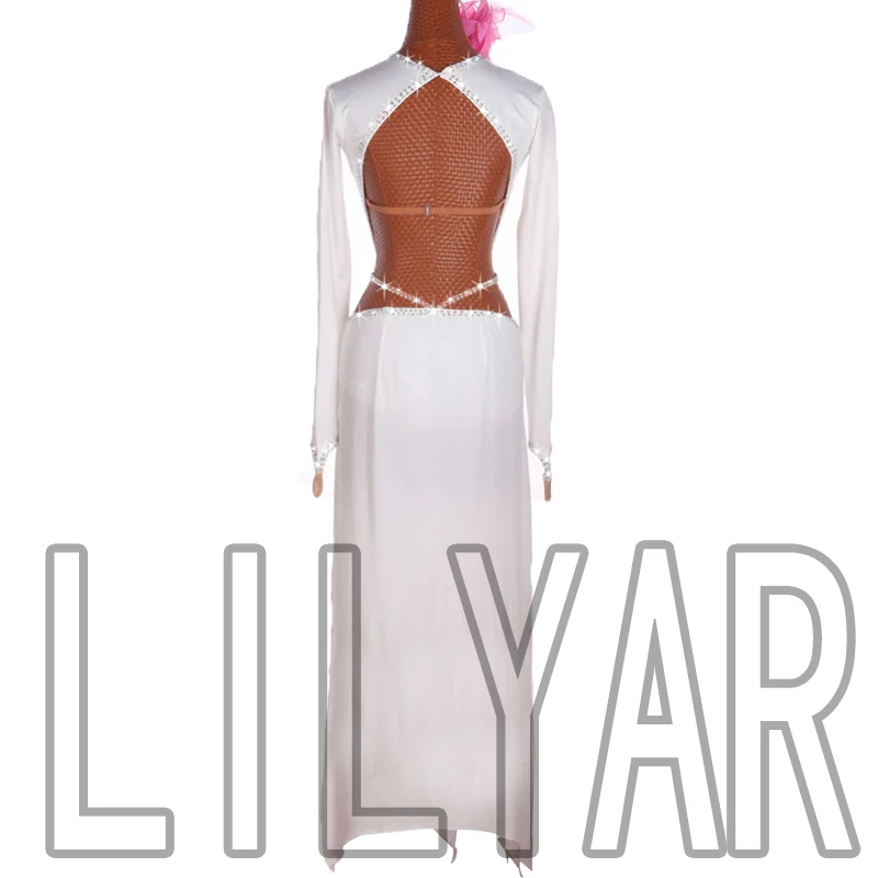 New Latin Performance  Adult Custom White Sparkling Diamond Long High Split Sexy Dance Dress