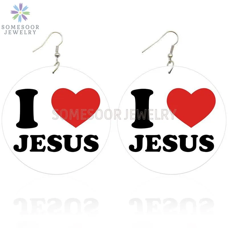 SOMESOOR I Love Jesus Both Sides Printed Wooden Drop Earrings God Blessed Style Wood Dangle Jewelry For Christian Women Gifts