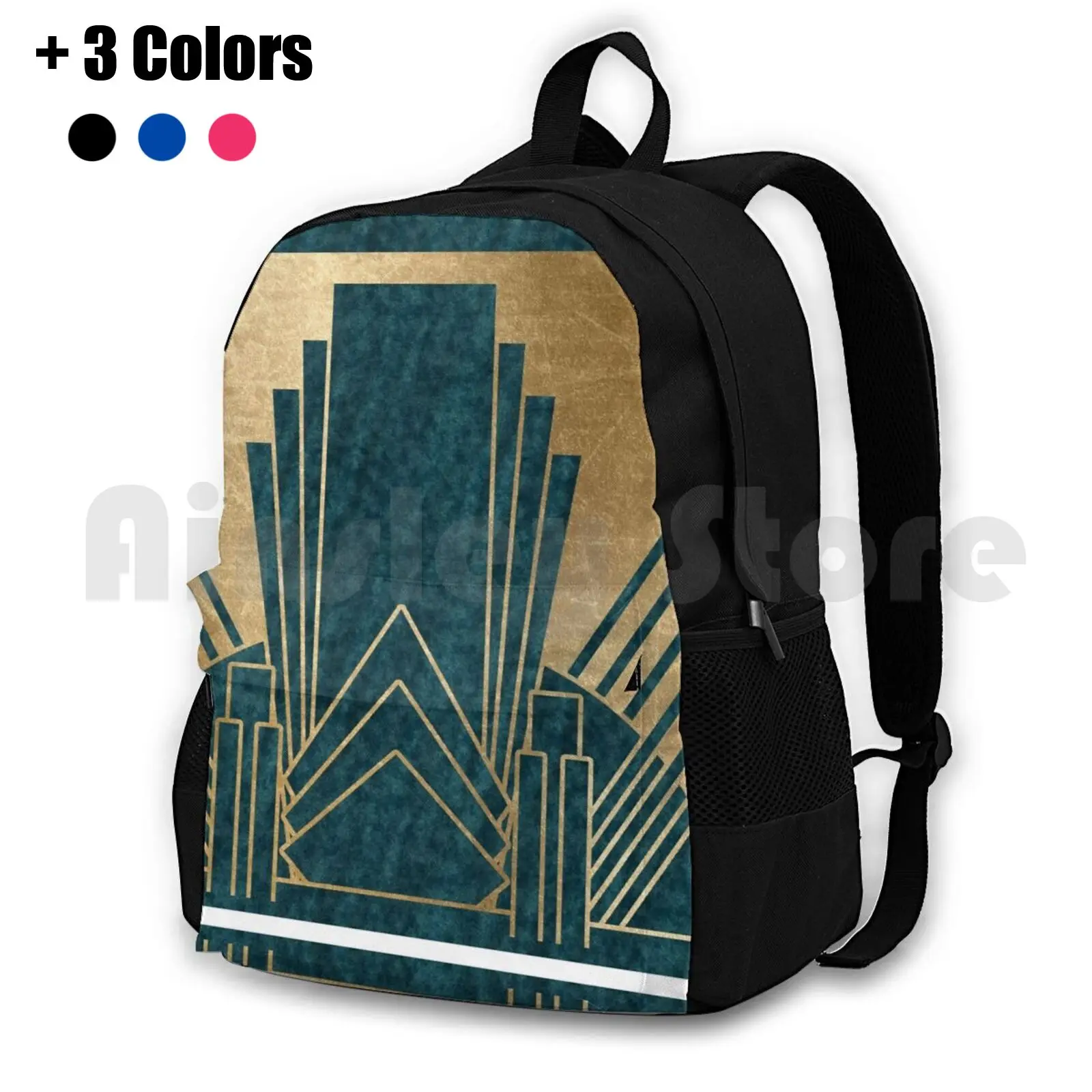 Art Deco Glamour-Teal And Gold Outdoor Hiking Backpack Riding Climbing Sports Bag The Great Gatsby Teal Aqua Turquoise Blue