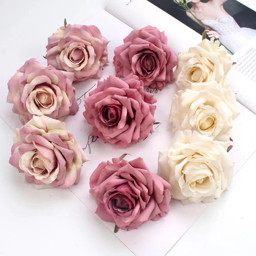 Wide Application 10Pcs Soft Delicately Cut Artificial Rose Head Polyester Fake Flower Head Weather Resistant   Home Decor