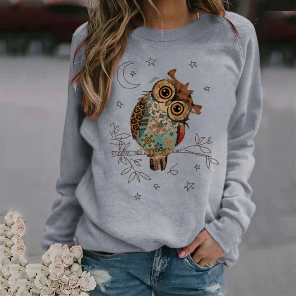 Women\'s T-Shirt Cute Owl 3D Printing Long Sleeve Fashion Casual Pullover Autumn Winter Daily Harajuku Oversized Tops Clothing