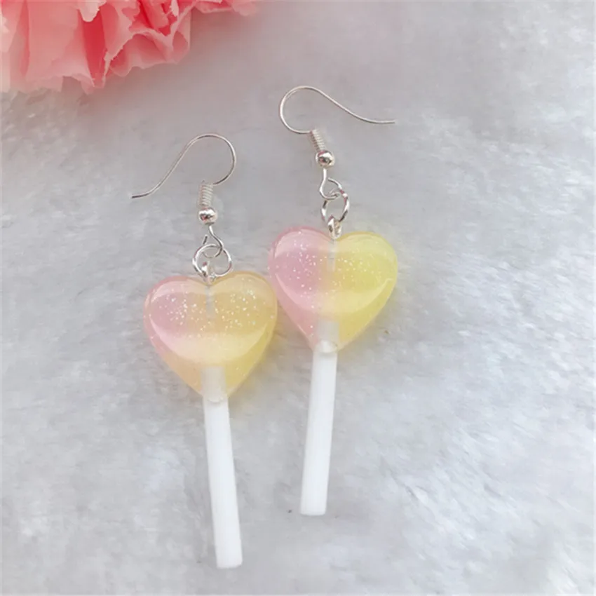 1Pair Cute Woman Drop Earrings Flatback Resin Heart Lollipops Multicolor Candy Fashion Jewelry For Girl