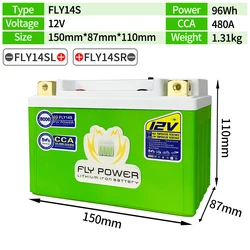 FLY14S Motorcycle 12V LiFePO4 Engine Start Battery CCA 480A 96Wh Lithium iron Phosphate Scooter Batteries BMS 12V YTZ14S GTZ14S