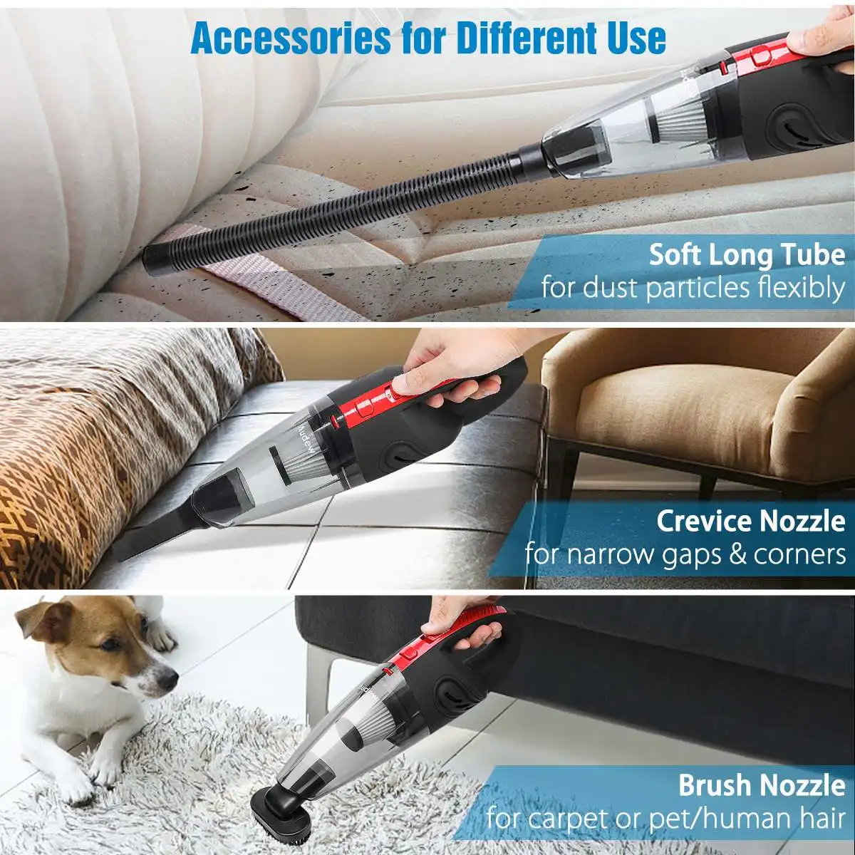 مكنسة كهربائية منزلية محمولة يدويًا 120 وات 4000pa من أوديو فلتر HEPA محمولة صغيرة قابلة للشحن لا سلكية للاستخدام الجاف الرطب 2200 مللي أمبير/ساعة