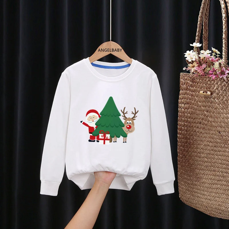 Merry Christmas Deer and Santa Print Kids Sweatshirts Funny Kawaii Children Hoodies Autumn Baby Pullover Tops Girls Boys Clothes