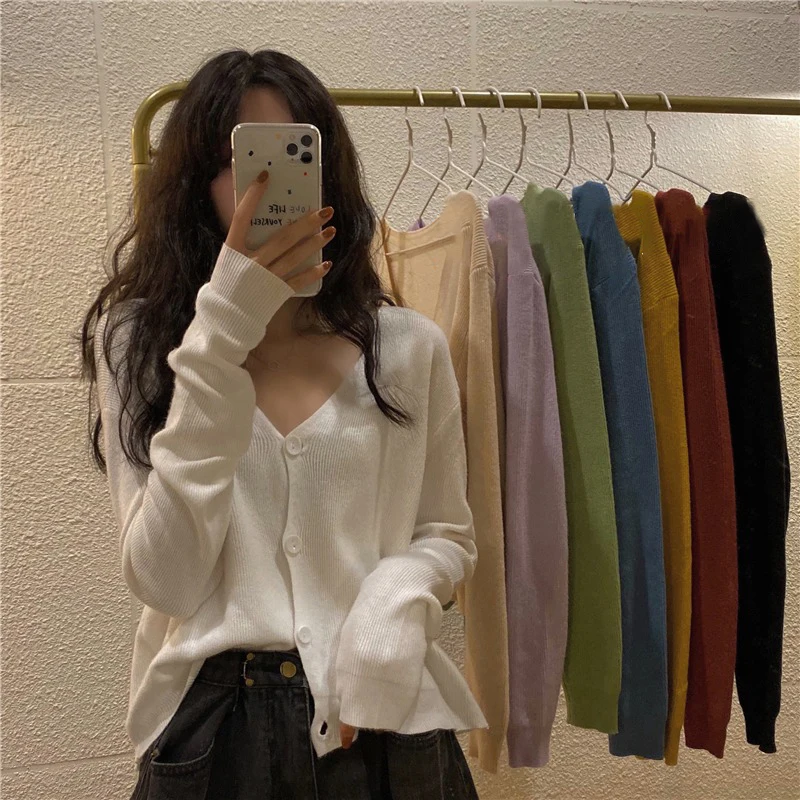 Women Long Sleeve Sunscreen Cardigan Knitted V-Neck Sweater Korean Style Solid Color Cardigans Jacket Tops All Season