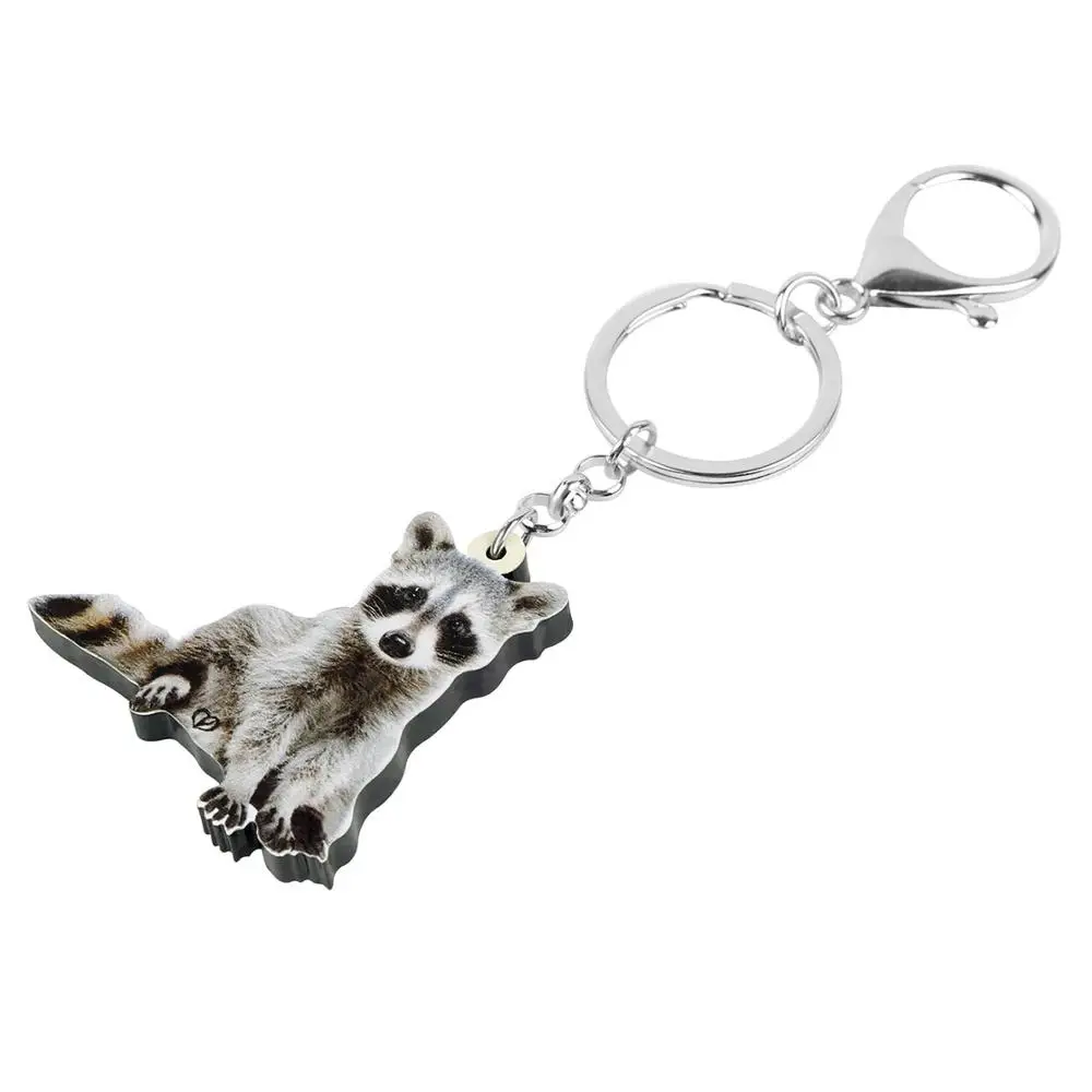 Bonsny Acrylic Gray Raccoon Keychains Printing Animal Key Ring Jewelry For Women Kids Friends Trendy Gift CarDecoration Charms