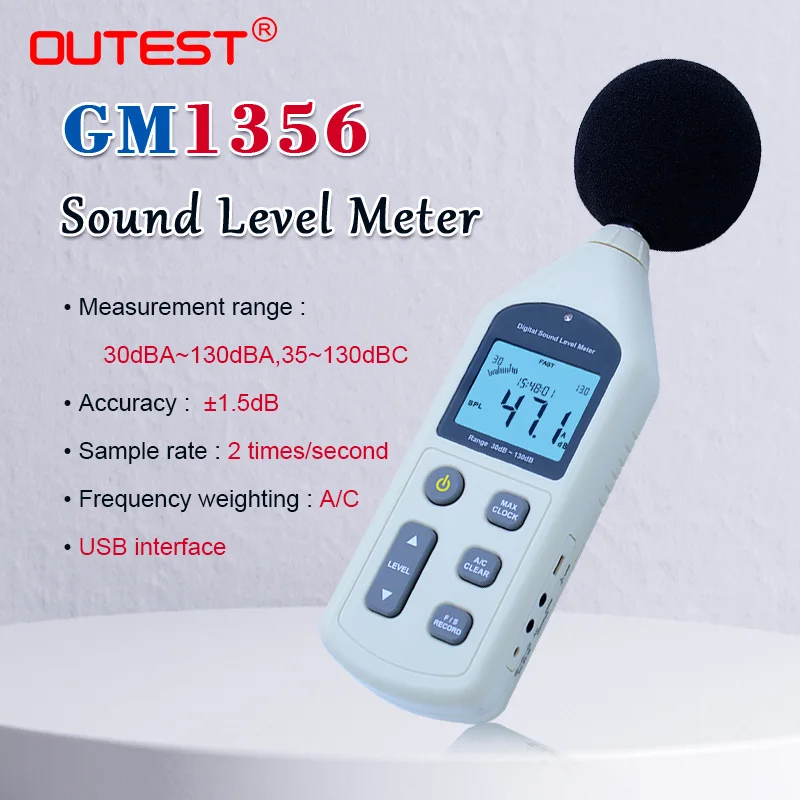 

OUTEST LCD Digital Sound Level Meter GM1356 Noise Teste Decibel Monitoring Tester logger Noise Audio detector 30-130dB With USB