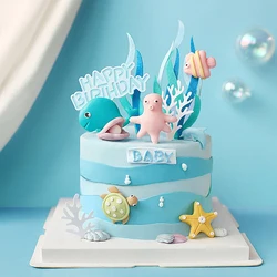 Macarrón de cangrejo, pulpo, caballito de mar, pescado, sirena, Cupcake de Animal marino lindo para decoración de postre de fiesta de cumpleaños de sirena