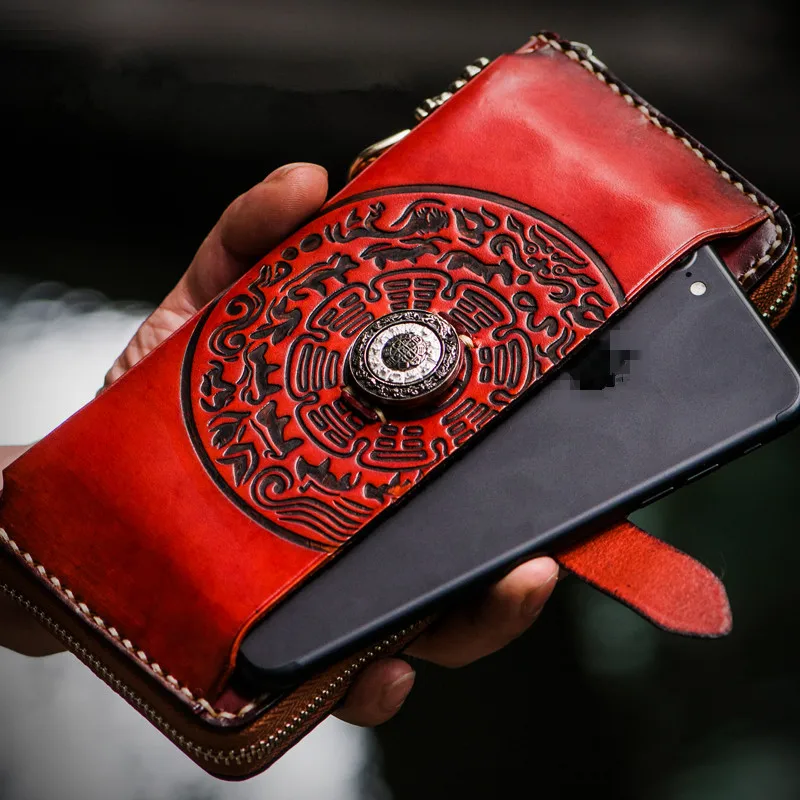 Original Women Men Cow Leather Wallets Embossing Chinese Hasp Bag Purses Long Clutch Wallet Card Holder Cell Phone Pocket