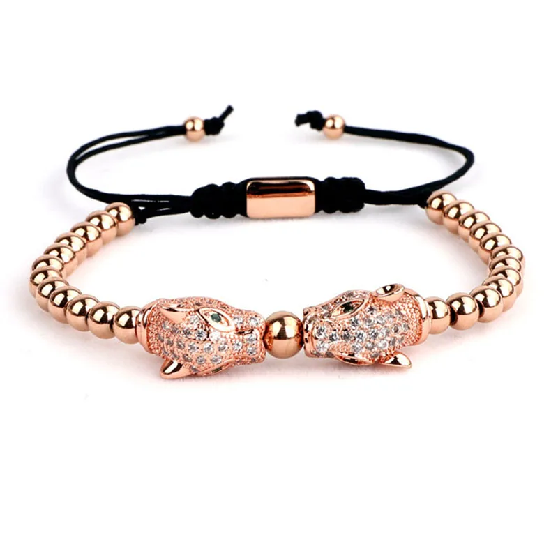 High Quality CZ Micro Pave Leopard Charm Stainless Steel Beads Adjustable Bracelet Men Women