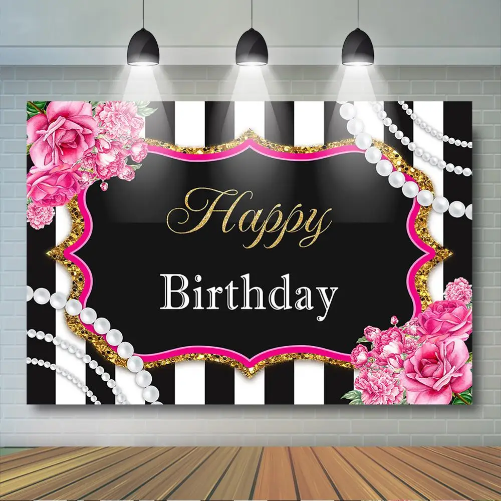 

Adult Birthday Backdrop Pink Floral and Pearl Background White and Black Stripes Women Birthday Party Decor Banner