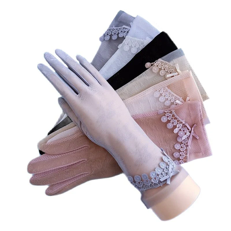

Summer Women Ice Silk Sexy Lace Flower Thin Breathable Soft Sunscreen Non-Slip Mid-Length Touch Screen Cycling Drive Gloves
