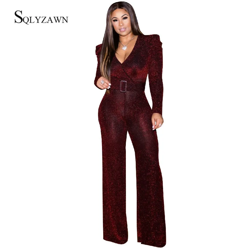 

Women V Neck Long Sleeve Palazzo Jumpsuit Vintage Glitter Wide Leg Pants Romper with Belt Sexy Elegant Red Overalls Plus Size