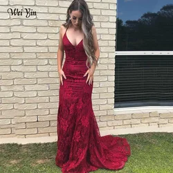 Customized Elegant V-Neckline Burgundy Mermaid Evening Dress Vestidos De Fiesta Largos De Gala Lace Long Prom Dresses