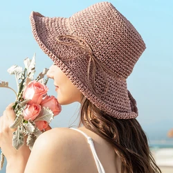 Sombrero de sol plegable para mujer, sombrero de paja de rafia con lazo, ala ancha, playa, Verano