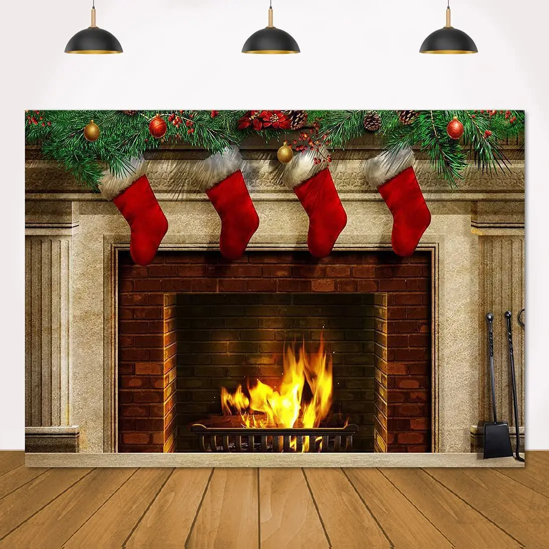 Christmas Fireplace Backdrop Gifts Socks Photography Background Xmas Kids Adult Party Decorations Supplies Cake Table Banner