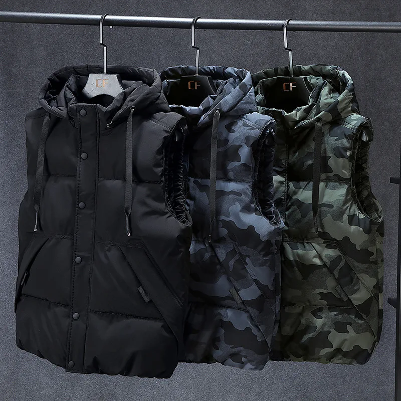 Mens Winter Vests Men's Sleeveless Jacket Thick Camouflage Vest Casual Hooded Waistcoat Male Warm Vests Outwear Plus Size 7XL