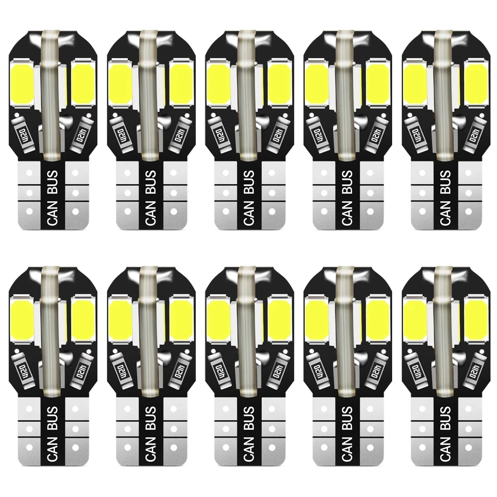 10pcs T10 W5W Led Car Light 8SMD 5730 147 152 LED Replacement Bulb for Interior Light License Plate Lamp Warm White 6000K