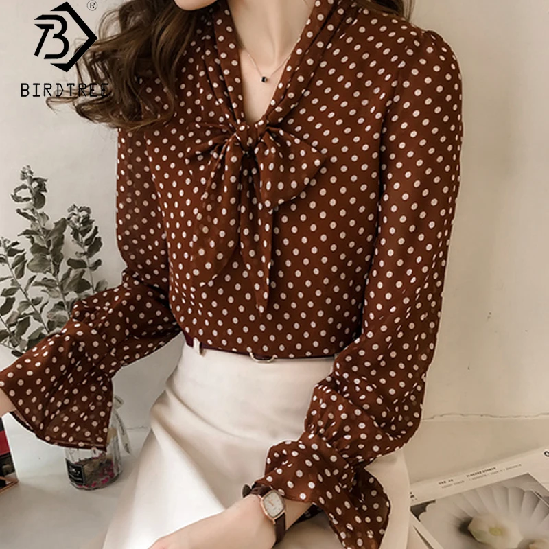 Women Vintage Polka Dot Blouses Female Blouse Tops  2022 Spring Long Sleeve Casual Chiffon Shirt T9N508M