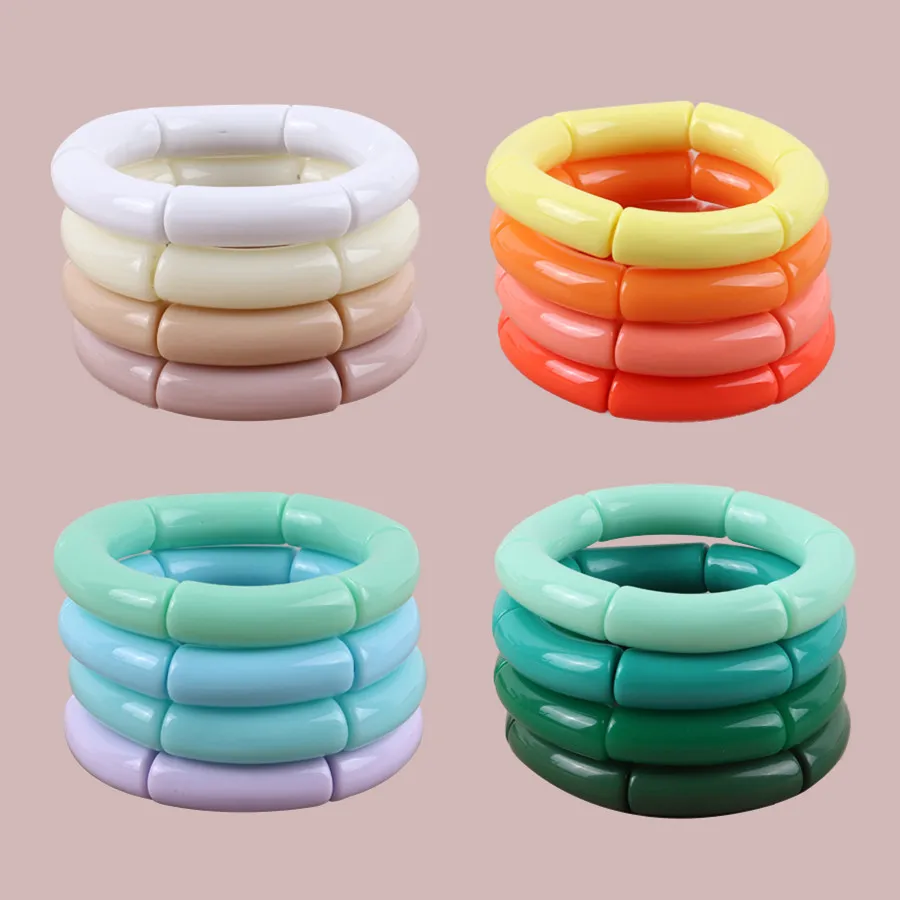 Statement New Colorful Acrylic Beads Bracelets For Women Resin Beaded Elastic Cuff Charm Bracelets Bangles Fashion Jewelry Gifts