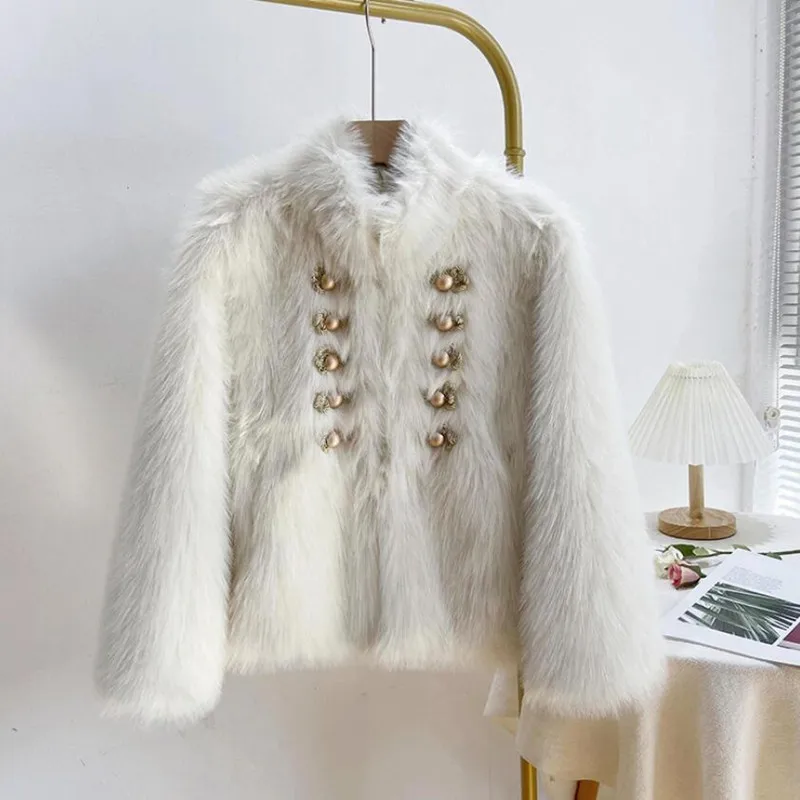 

Korean Women Faux Fur Stand Collar Coat New Winter Double Breasted Fashion Slim Overcoat Veste Femme s1868