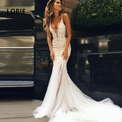 LORIE Mermaid Wedding Dresses Lace Spaghetti Strap Soft Tulle Backless Bridal Gowns Sleeveless Bride dress with Train Customized
