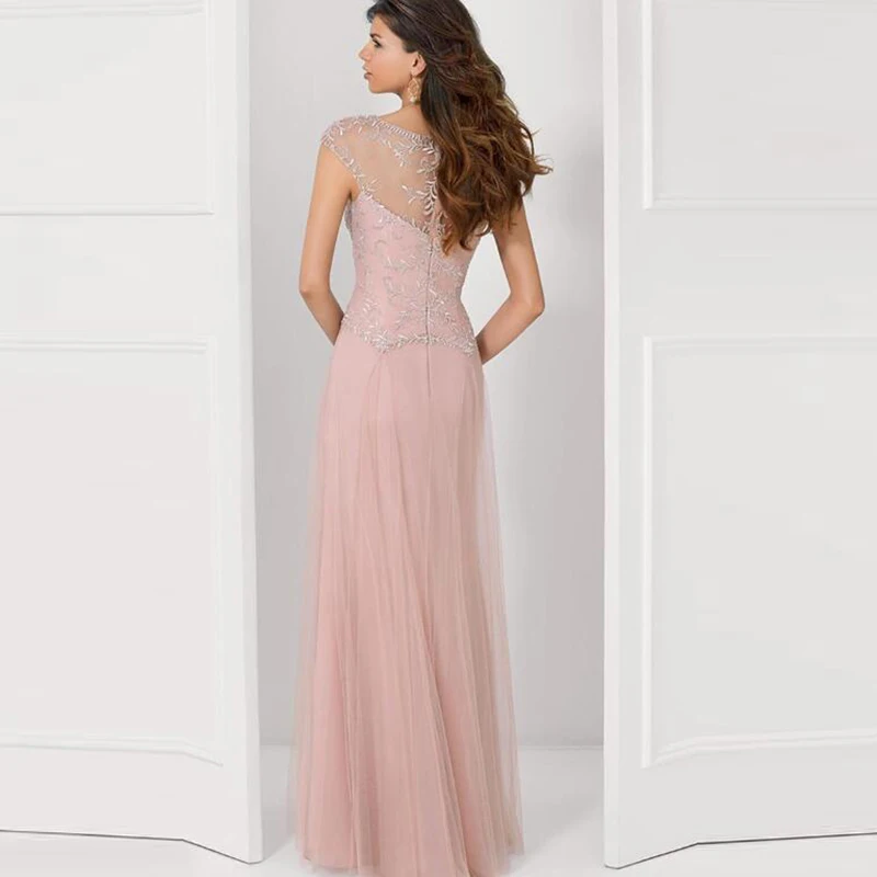 Elegant Blush Pink Long Mother of the Bride Dresses with Cap Sleeves Jewel Neck vestido de madrinha Tulle Wedding Party Gowns