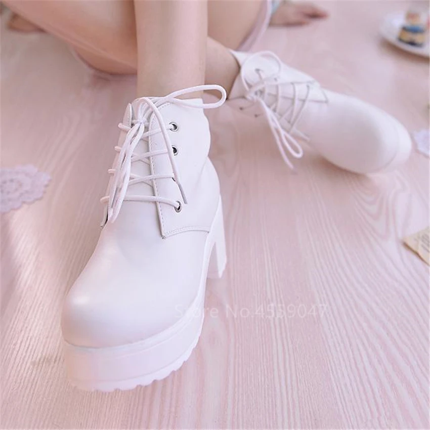 College giapponese Mori Girl Jk Uniform PU Leatehr Lace Up Platform stivali neri Lolita Gothic Round Head Mary Jane Strap Shoes