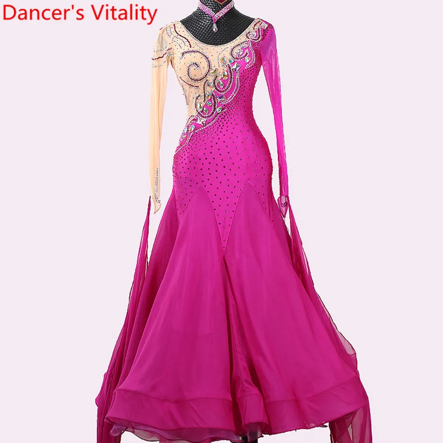 

National Standard Dance Competition Costume Diamond Backless Ribbon Sleeve Dress Ballroom Waltz Jazz Modern Dancing Outfits