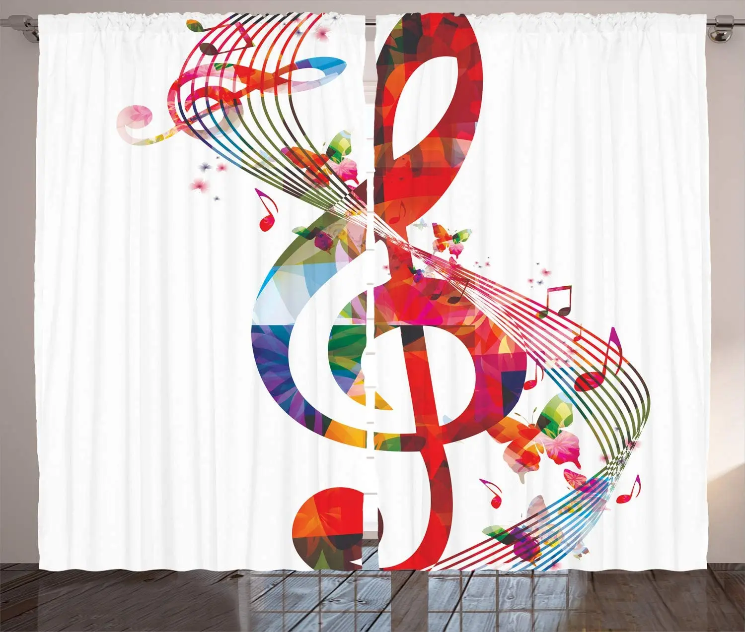 

Music Curtains Artwork with Musical Notes Rhythm Song Ornamental in Vibrant Colors Fantasy Living Room Bedroom Window Drapes