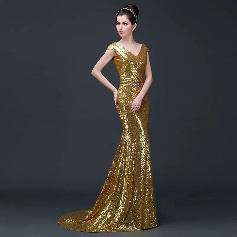 Trompete Gold Pailletten Elegant Ärmel Vestidos De Fiesta De Noche Prom Party Abendkleider Robe De Soiree 2020 Neue