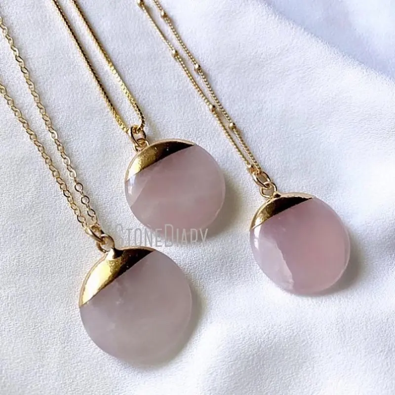 

NM36595 Rose Quartz Healing Crystal Medallion Pendant Satellite Chain Necklace Minimalist Layering Jewelry