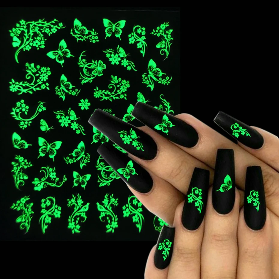 9 Stks/set Lichtgevende Effect Nail Stickers Vlinder Bloem Blad Ontwerp Lente Decals Gloeien In Het Donker Sliders Wraps GLCY055-063